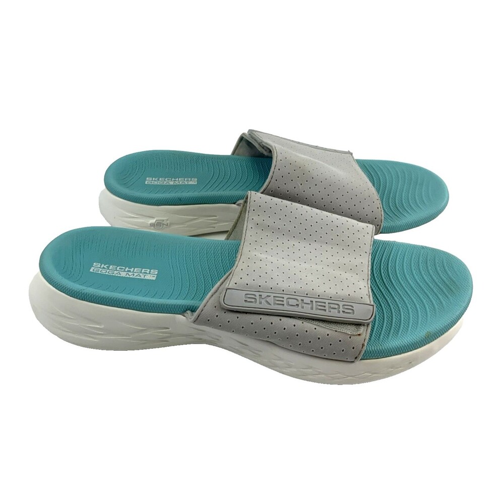 Skechers GOGA Mat One The Go Slide Sandals Gray Turquoise Comfort 140009 Women 8